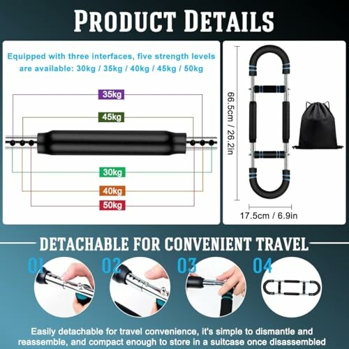 Einzelheiten zum verstellbaren Klimmzugstange mit fünf verschiedenen Stärken.