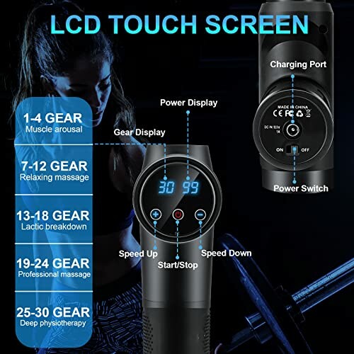 Massagepistole mit LCD-Touchscreen und Geschwindigkeitsstufen.