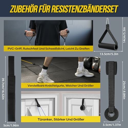 Zubehör für ein Resistenzbandset mit Griffen, Knöchelriemen und Türanker.