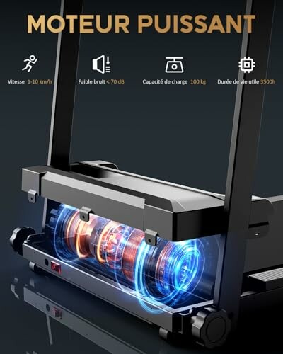 Nahaufnahme eines Laufbandmotors mit Leistungsdaten.