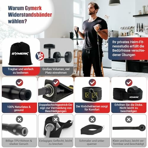 Mann trainiert mit Widerstandsbändern, zeigt Vorteile und Merkmale der Gymerk Bänder.