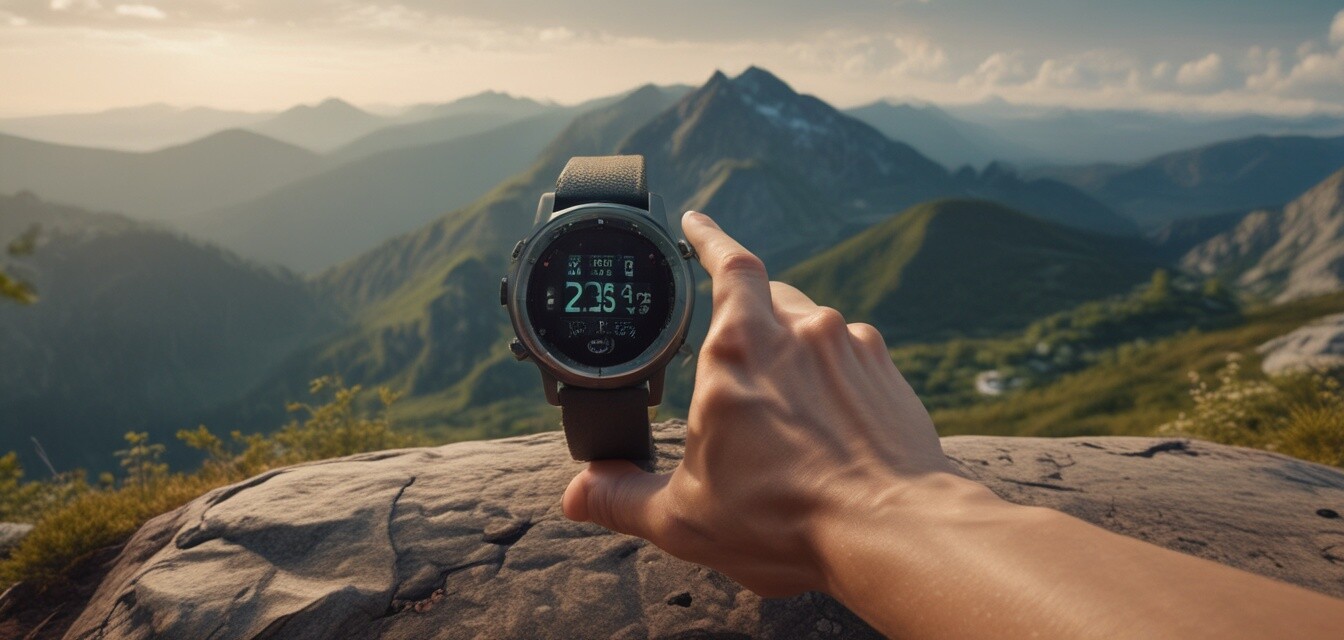 Person using a fitness tracker on a mountain trail